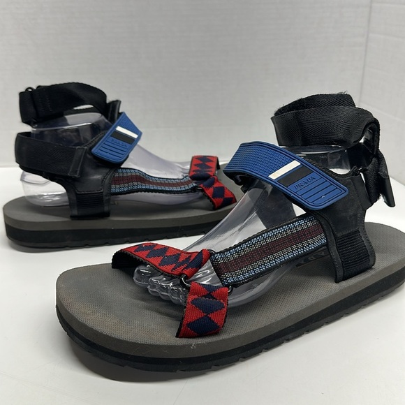 Prada Linea Sandals Shoes Printed Adjustable Ankle Strap Open Toe Black Size 11 - Picture 1 of 8